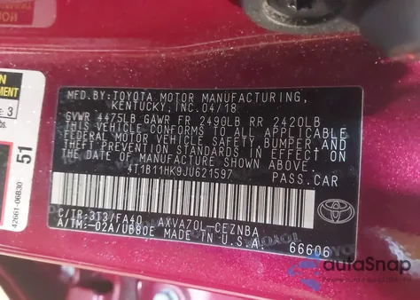 2018 Toyota Camry Le из США, поврежденный, VIN 4T1B11HK9JU621597